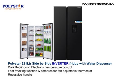 POLYSTAR 521L SIDE BY SIDE INVERTER REFRIGERATOR - PV-SBS772INXWD-INV